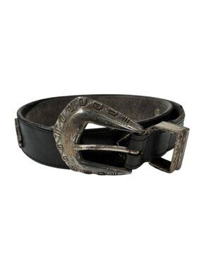VTG 90s Southwestern Animal Motif Oil Tan Leather Belt Black Silver 32